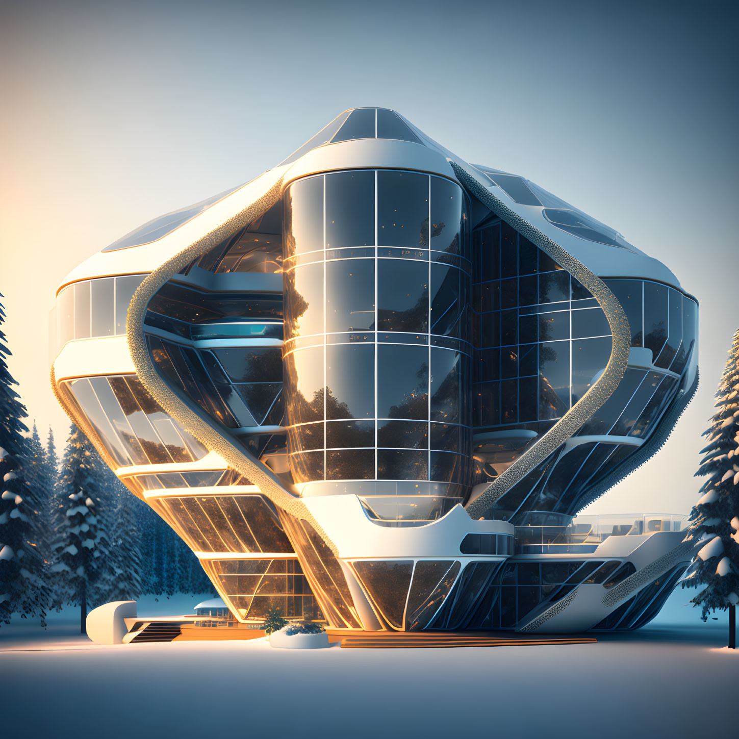 Modern glass building in snowy forest at twilight, reflecting trees.