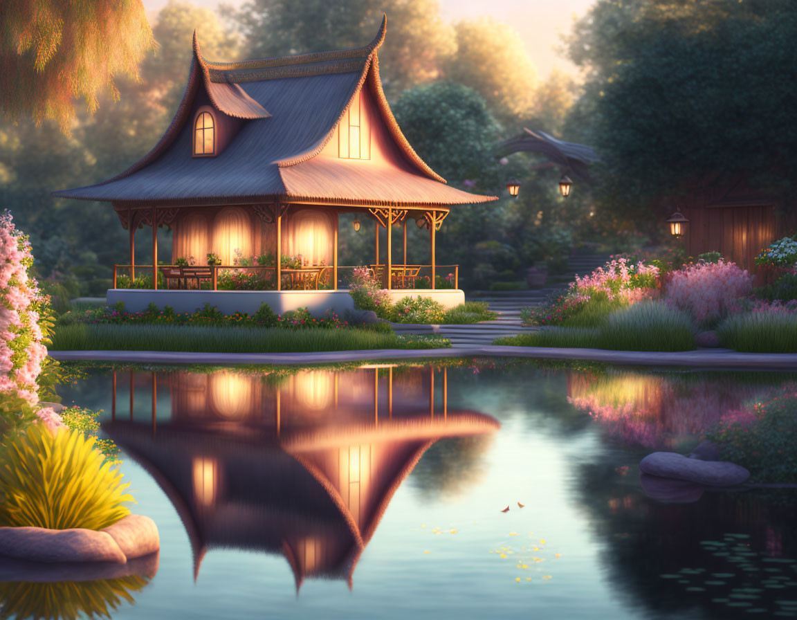 Curved-roof traditional house by tranquil pond at dusk