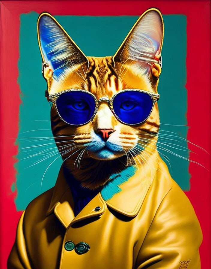 Colorful cat illustration with human-like features and sunglasses on vibrant background