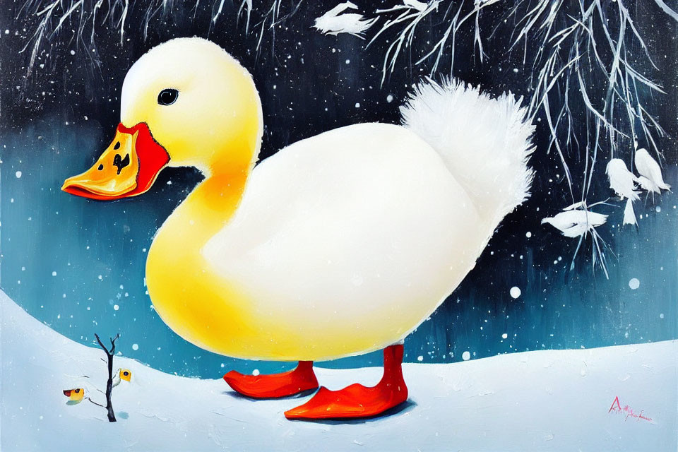 Whimsical painting of yellow duck in oversized orange boots in snowy landscape