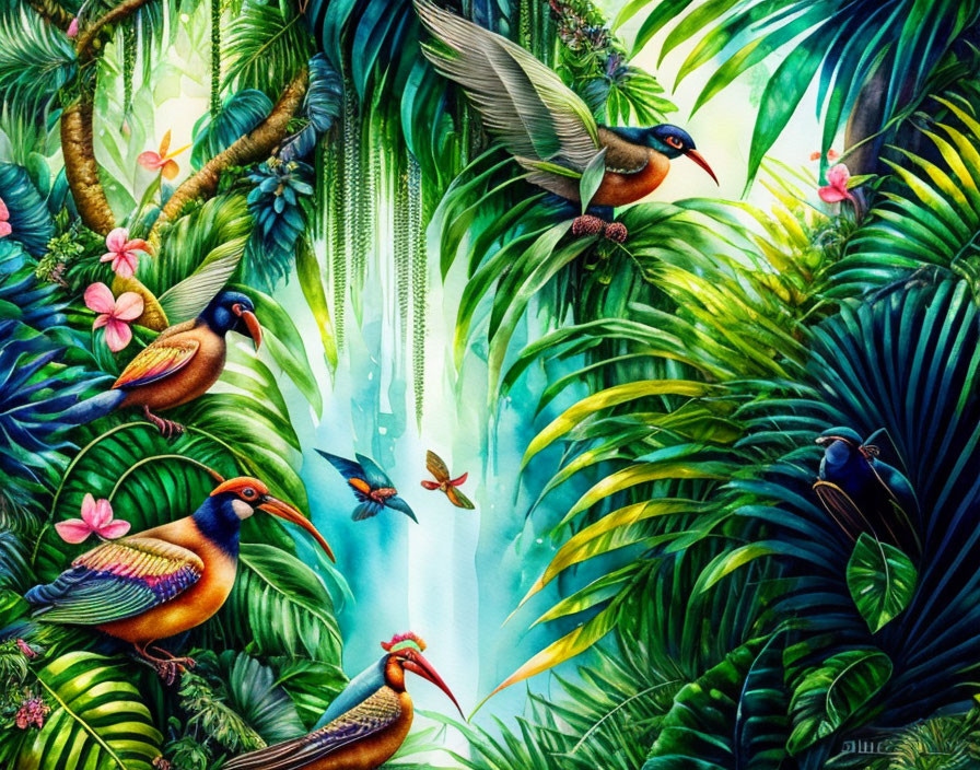 Tropical Scene with Birds, Foliage, and Flowers in Sunlight