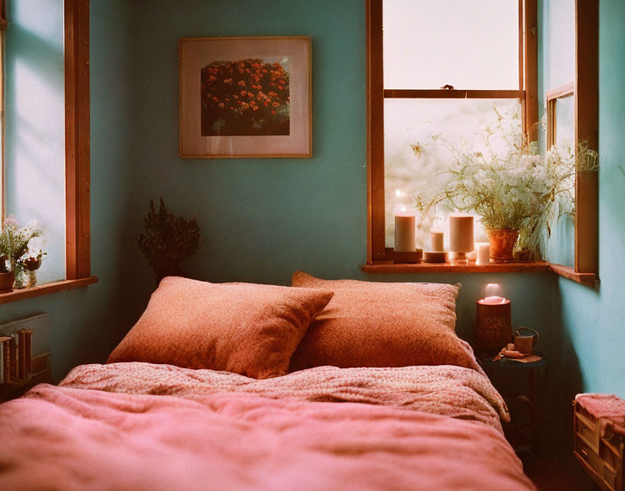 Pink Bedspread, Candles, Plants, and Ambient Lighting in Cozy Bedroom