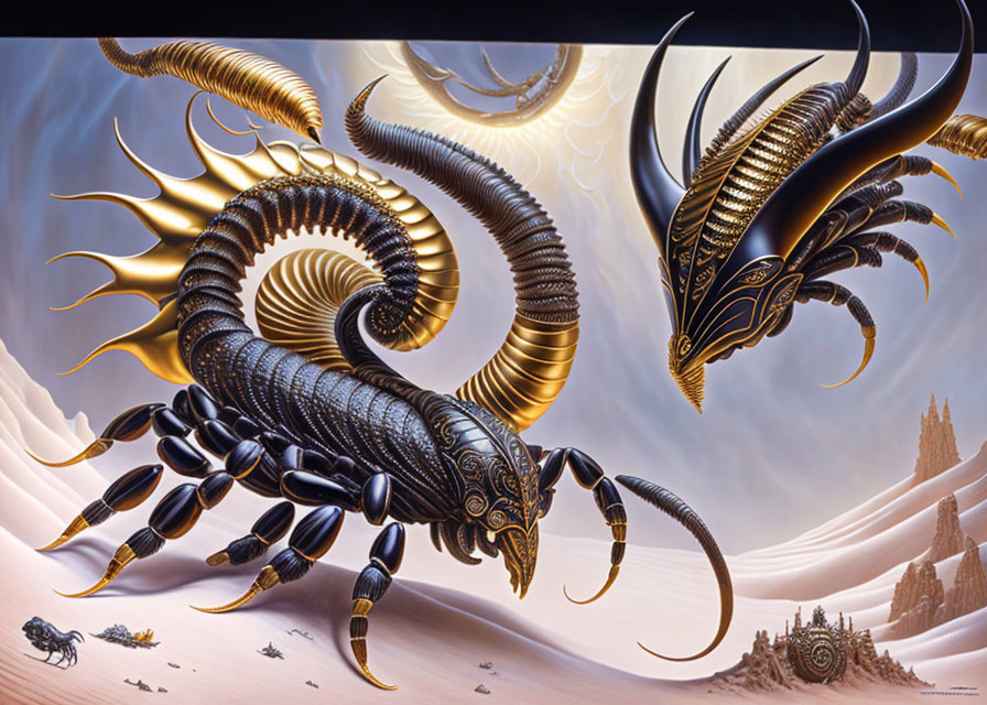 Intricate golden scorpion art in desert landscape