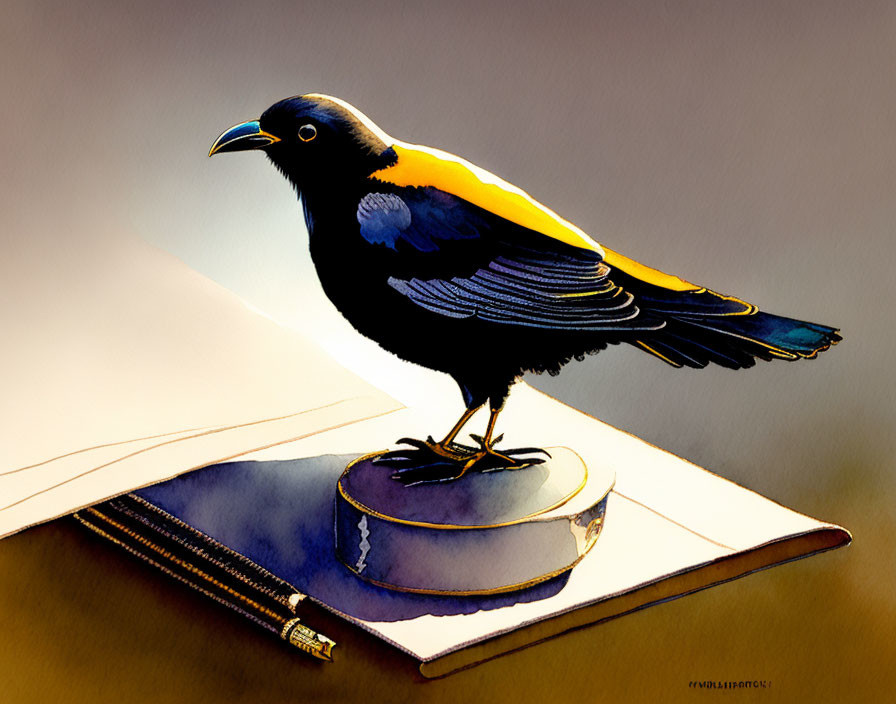 Colorful Bird Illustration Perched on Book with Ink Bottle and Pen