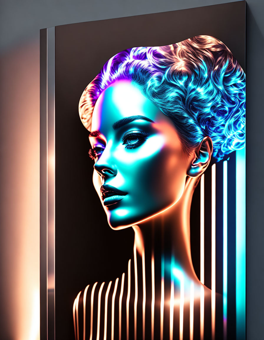 Vibrant digital artwork showcasing woman's profile with neon lighting effects