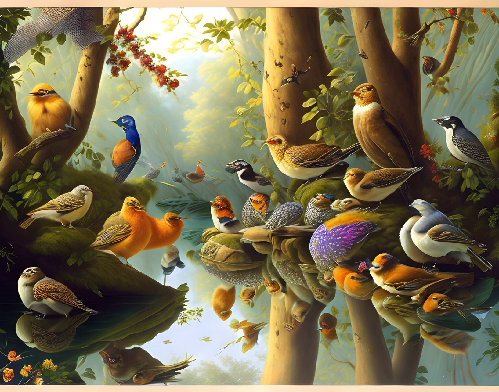 Colorful Birds Perched on Sunlit Tree Branches in Vibrant Forest