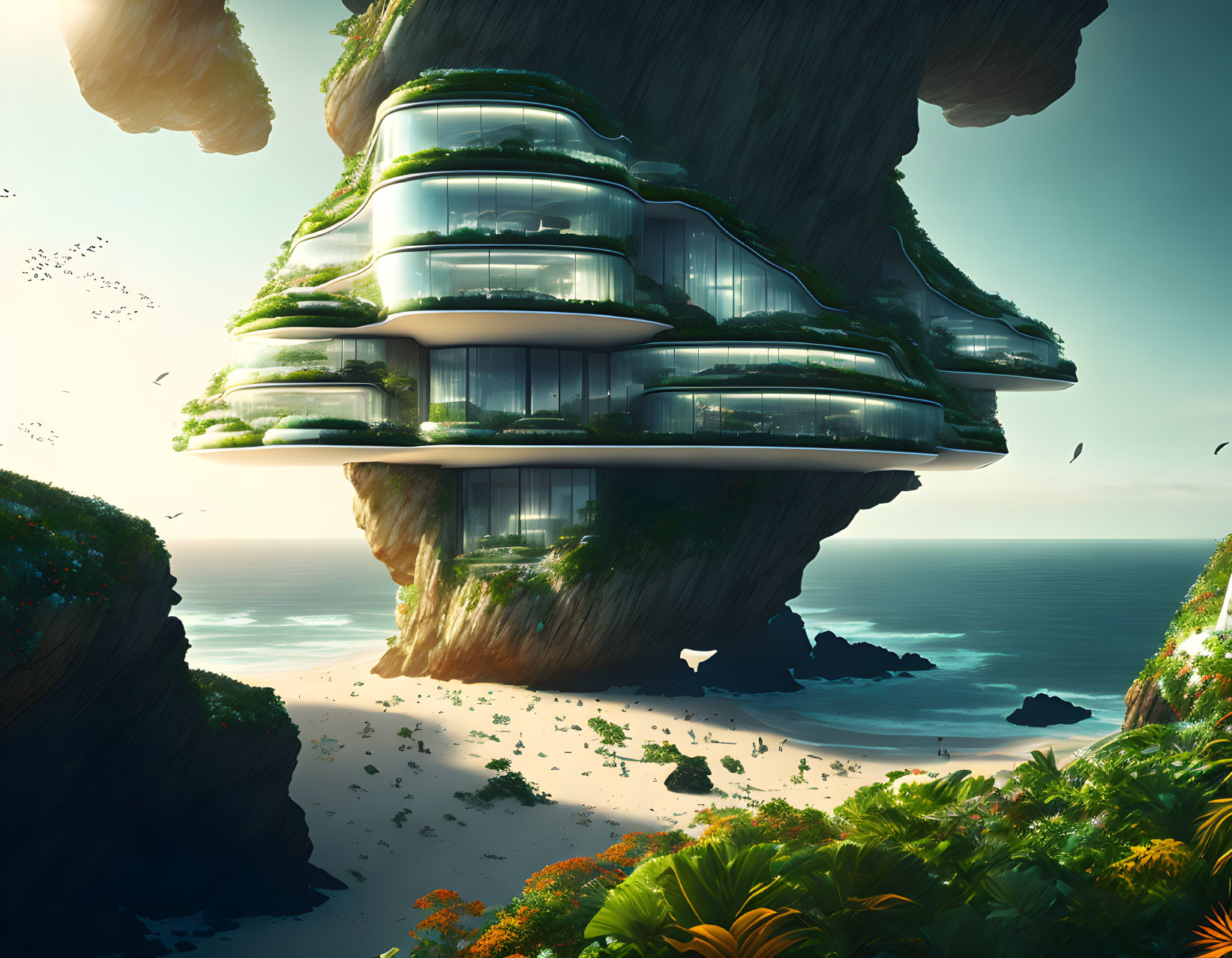 Terraced futuristic building on lush cliff overlooking sandy beach