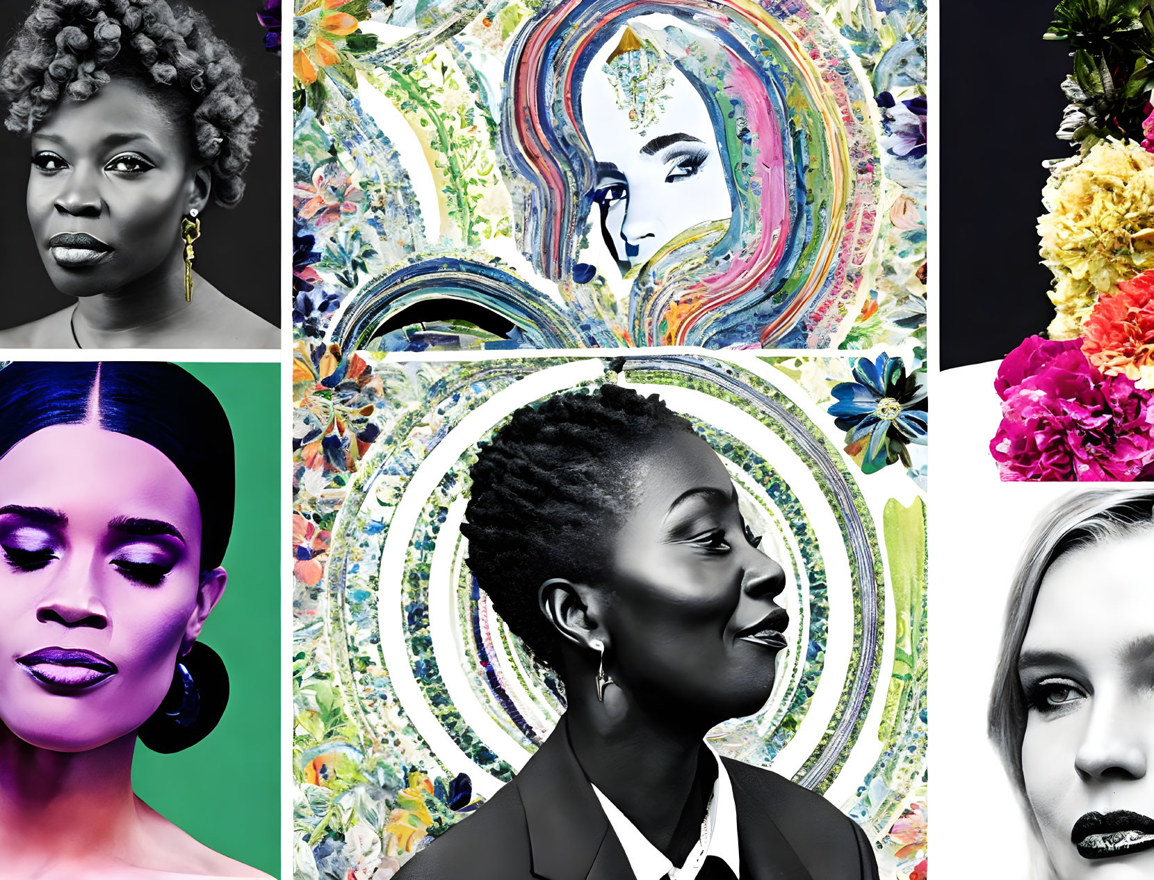 Five Diverse Female Portraits with Floral and Abstract Backgrounds in Vibrant Colors