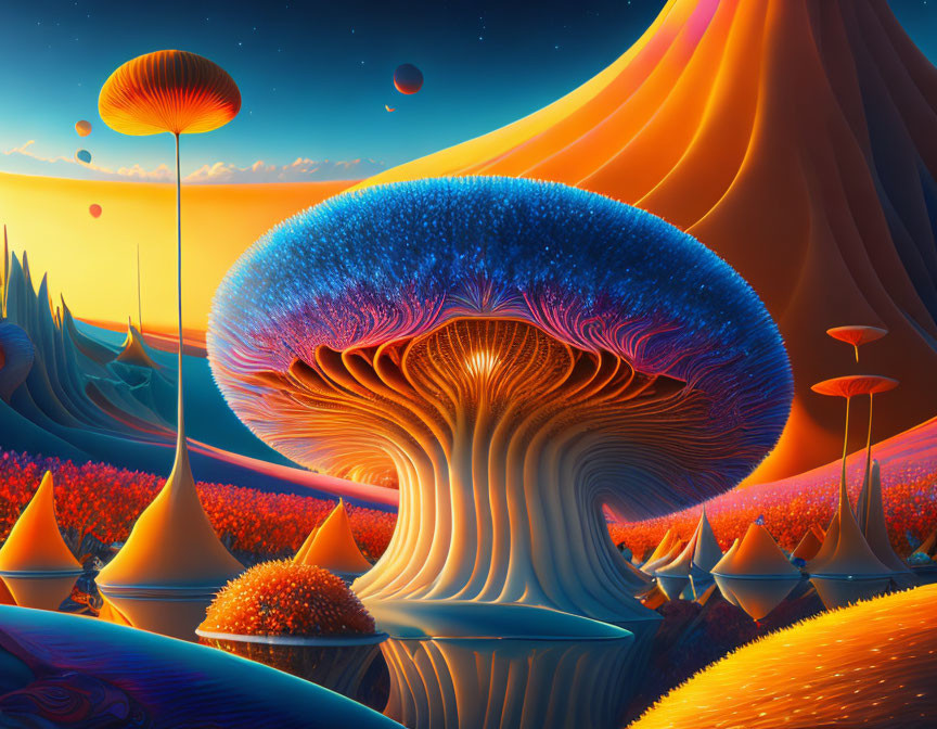 Colorful alien landscape with giant mushroom structures under a multi-moon sky