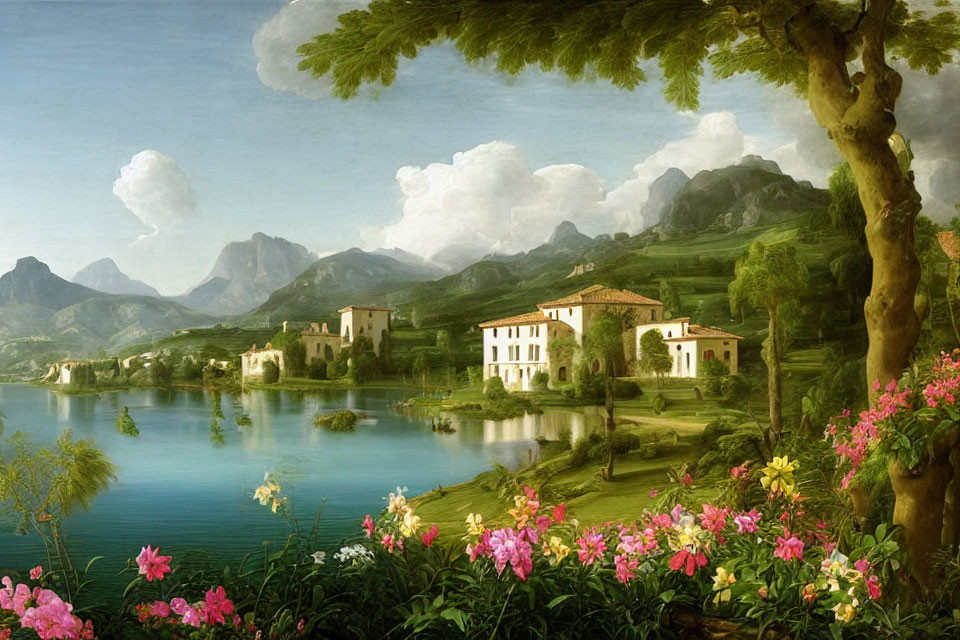 Tranquil lake, lush greenery, blooming flowers, charming villas, hills, and