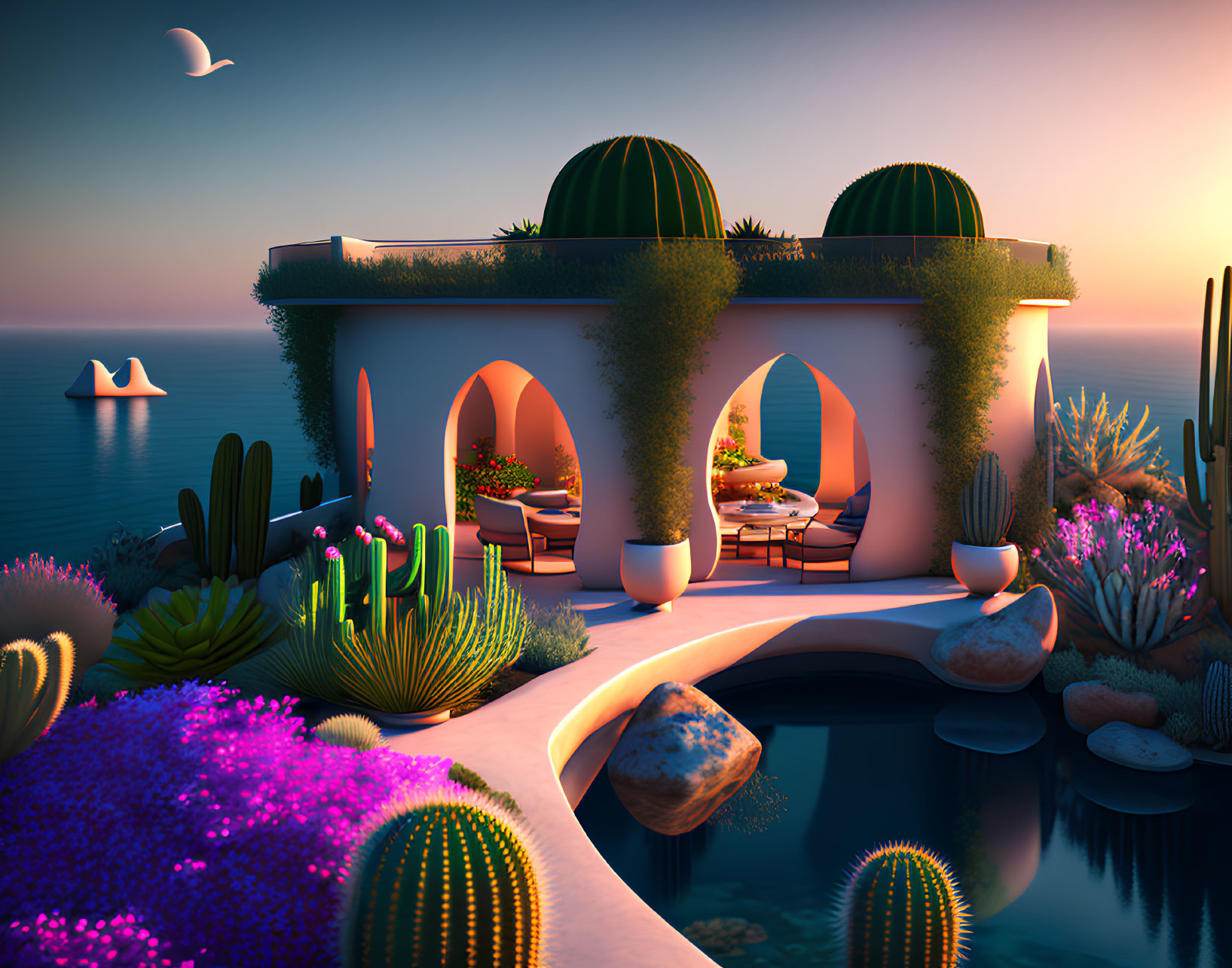 Seaside terrace with arches, cacti, succulents, and dining area at sunset