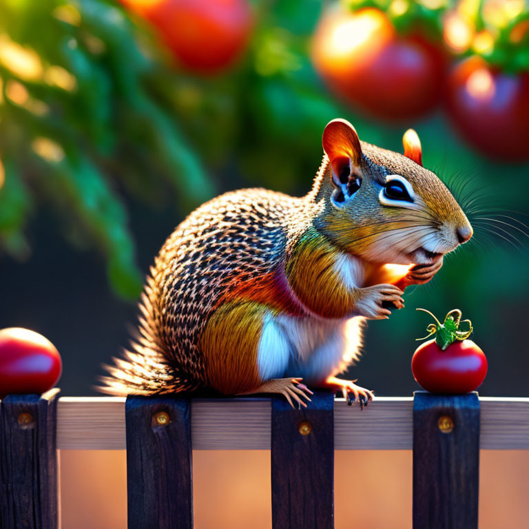 Colorful Chipmunk on Wooden Fence with Tomatoes in Background