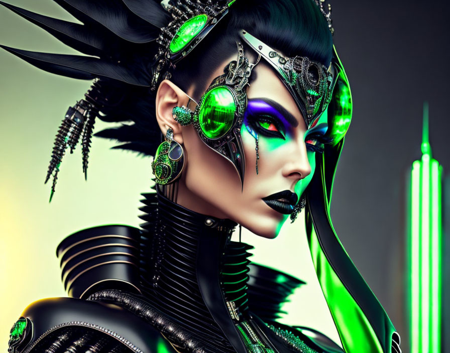 Futuristic woman with black headdress and green jewels in neon-lit setting