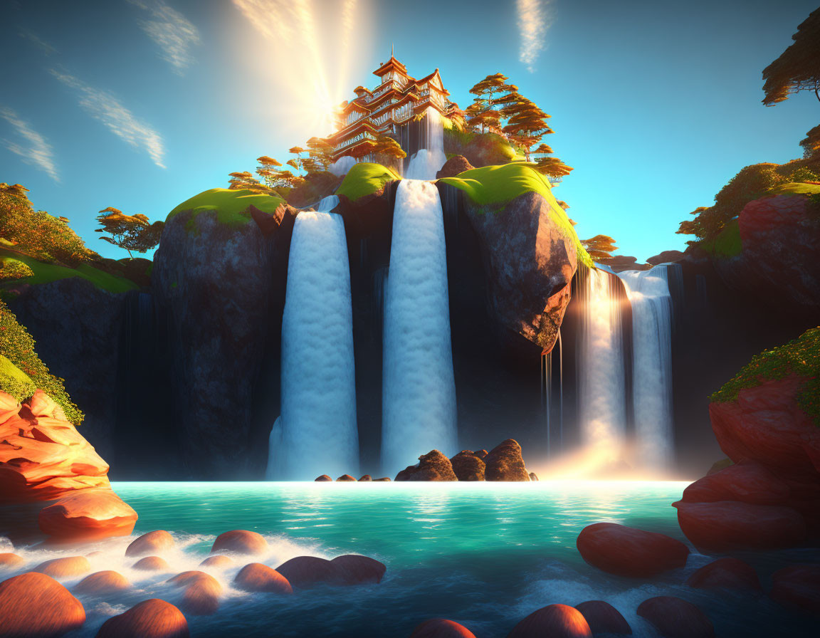 Tranquil fantasy landscape with pagoda on cliff and waterfalls