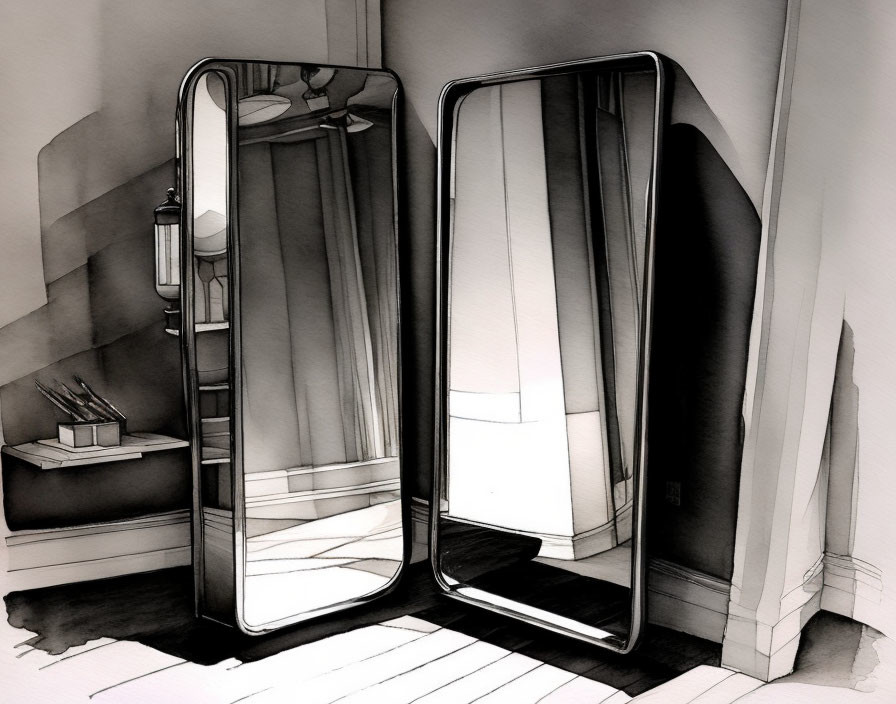 Monochrome illustration of mirrors reflecting infinite loop, with window and book.