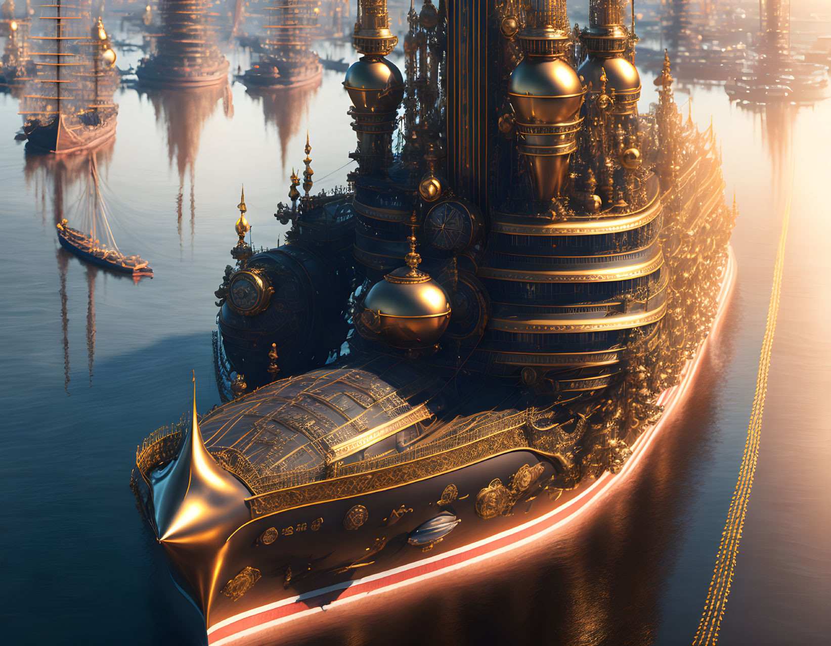 Golden futuristic cityscape floating over water with intricate architecture and sailing boats under soft sunlight