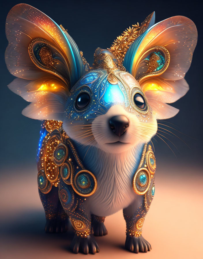 Fantastical creature with luminous butterfly-like ears and golden fur patterns