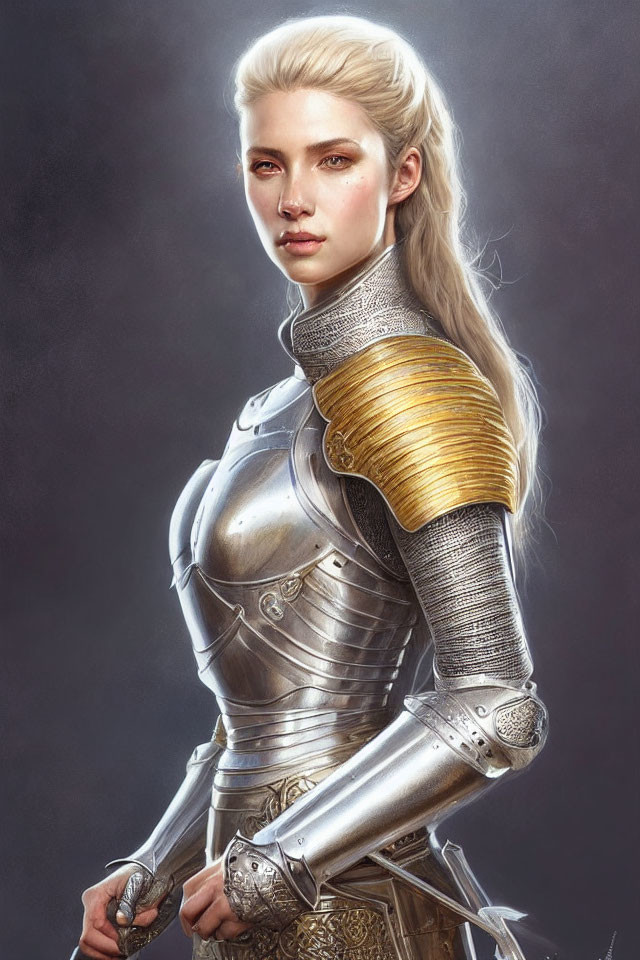 Fair-haired woman in shimmering medieval plate armor with golden pauldrons, gazing ahead.