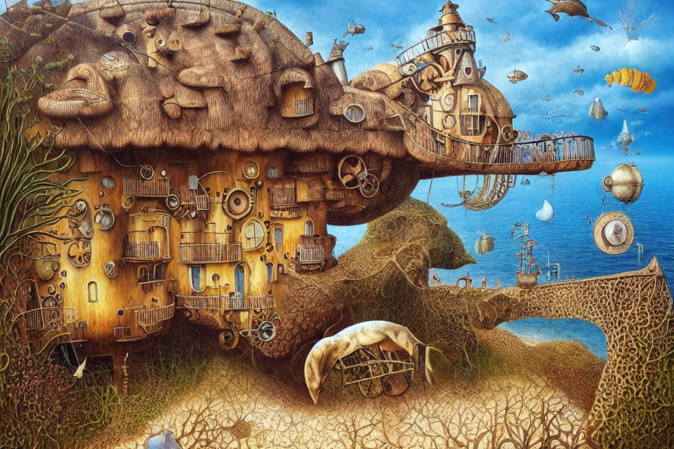 Steampunk treehouse with gear details and whimsical bridges