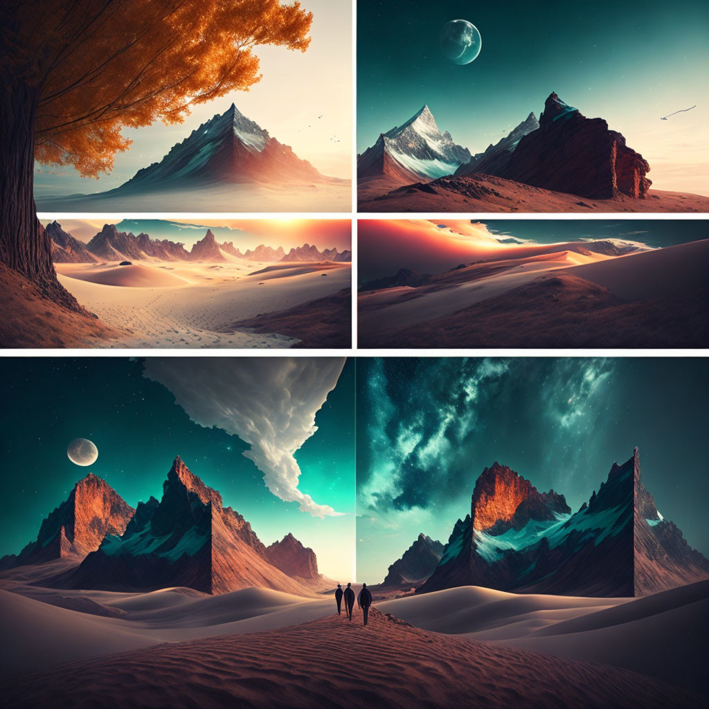 Vivid surreal landscapes: mountains, deserts, celestial bodies