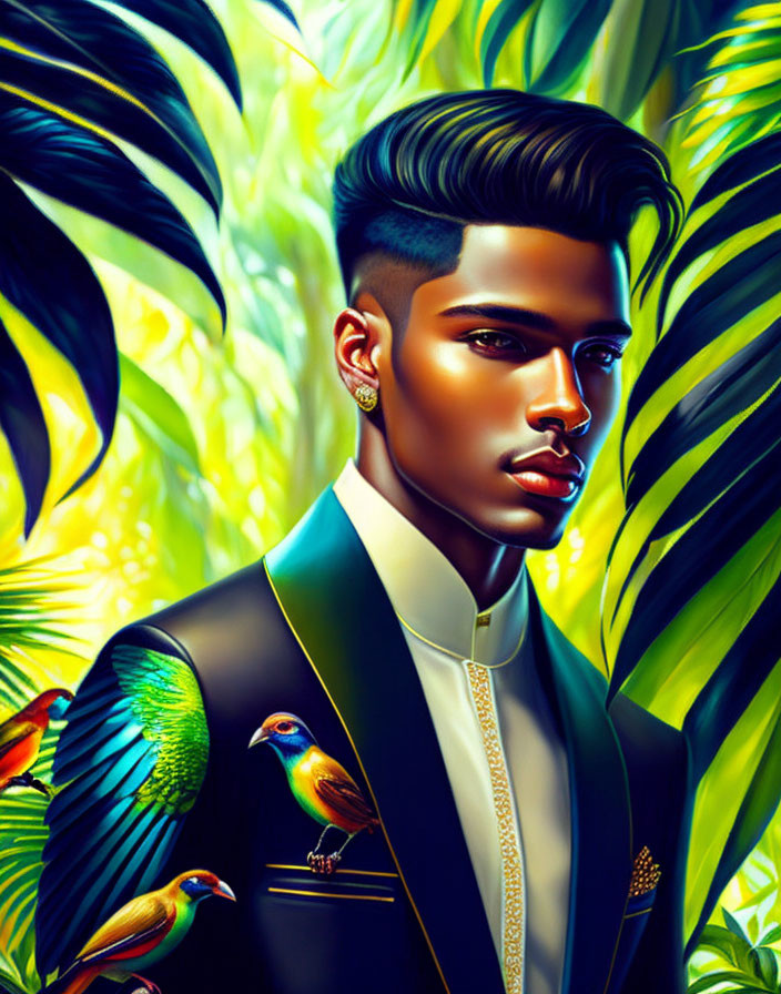 Stylized man in suit with sleek hairstyle in tropical setting