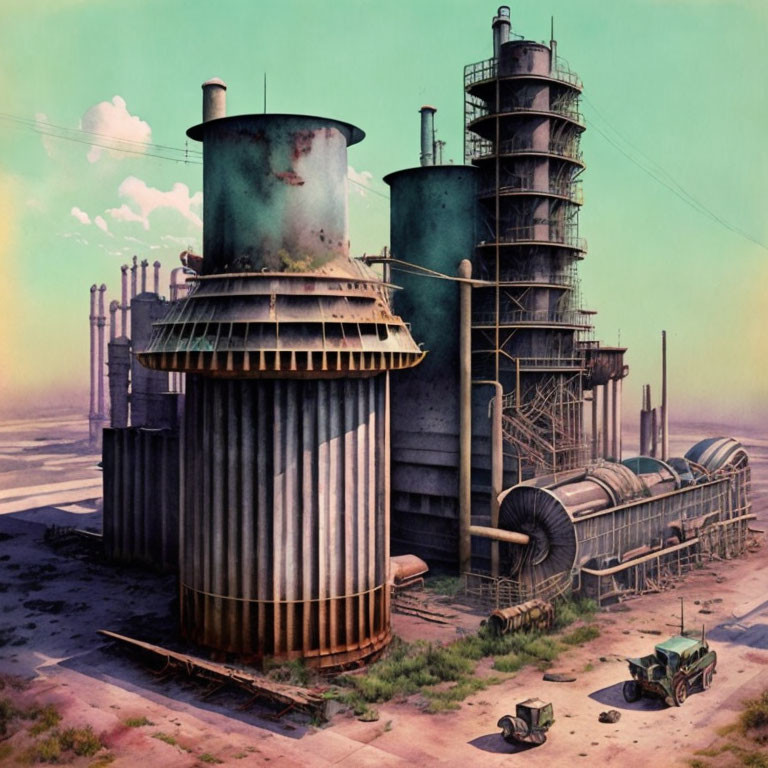 Abandoned industrial site with rusty towers, pipes, and old vehicles under hazy sky.