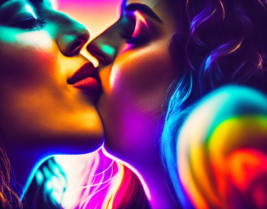 Vibrant neon colors illuminate faces of two women in close moment