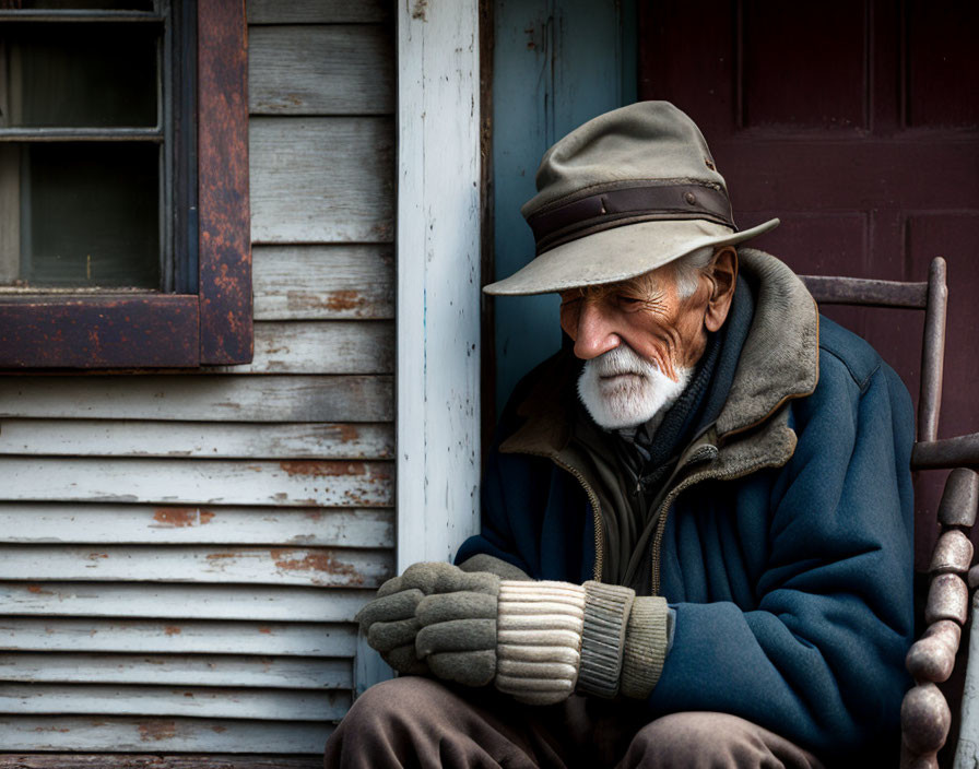 Elderly man with beard and mustache in hat and gloves by window