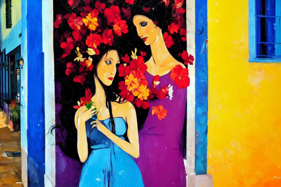 Two Women in Vibrant Dresses with Red Flowers Near Blue Doorway