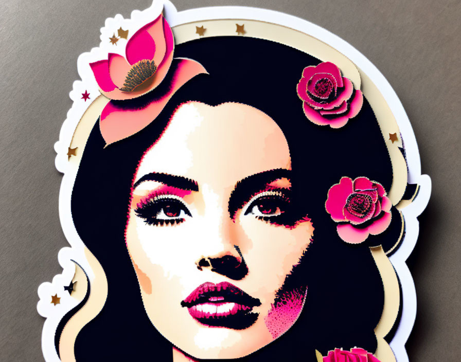 Stylized woman's face sticker with pink accents and floral stars on dark background