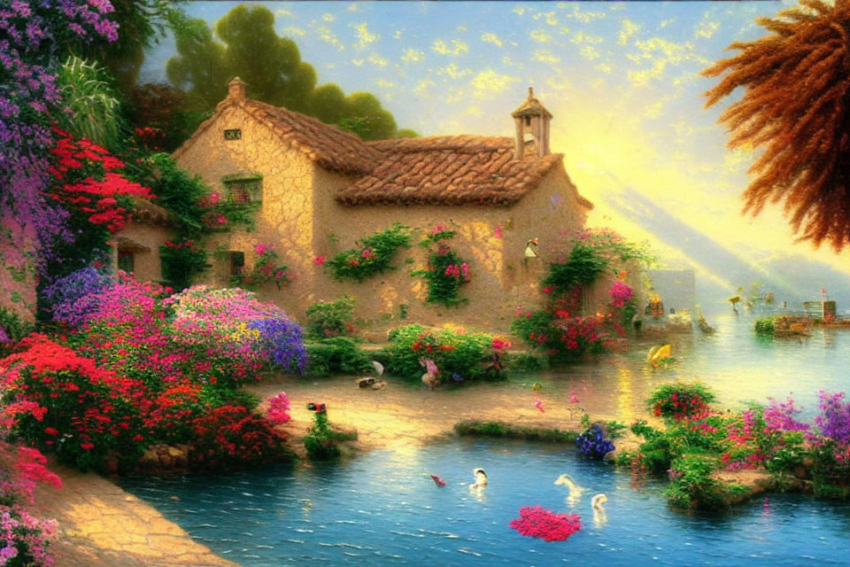 Tranquil lake cottage with vibrant gardens and swans at sunset