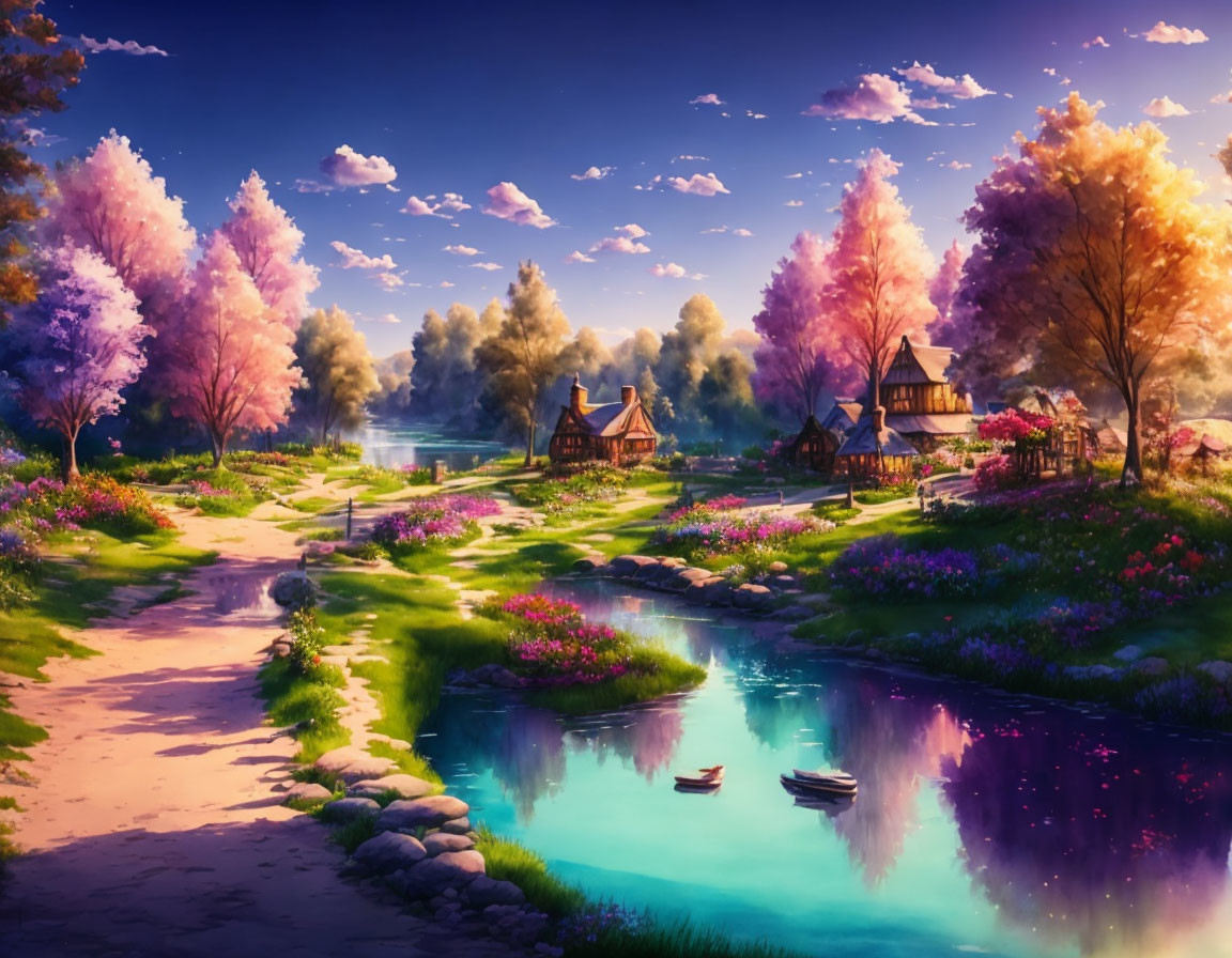 Tranquil village scene with colorful trees, serene river, blooming flowers, and quaint cottages