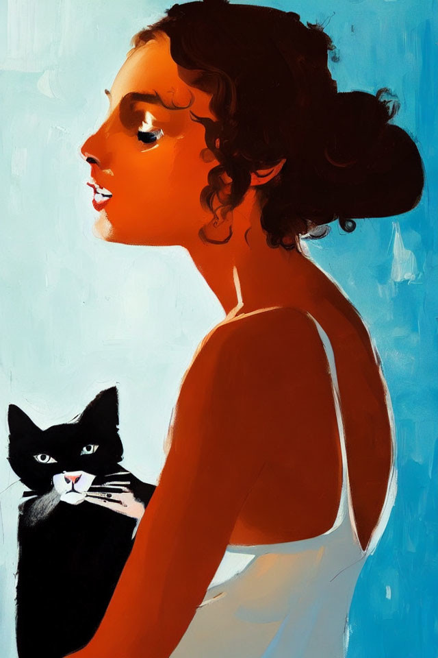 Profile view illustration: Woman with brown hair holding black cat on blue background