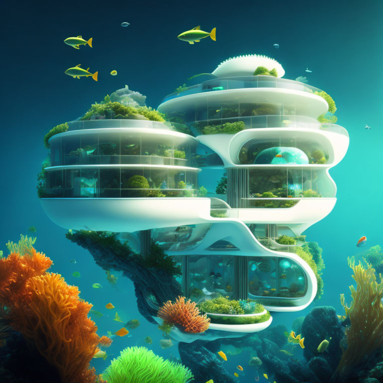 Futuristic underwater building surrounded by coral and fish