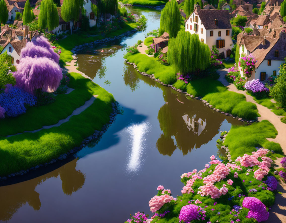Tranquil village landscape with river, colorful flowers, and blue sky