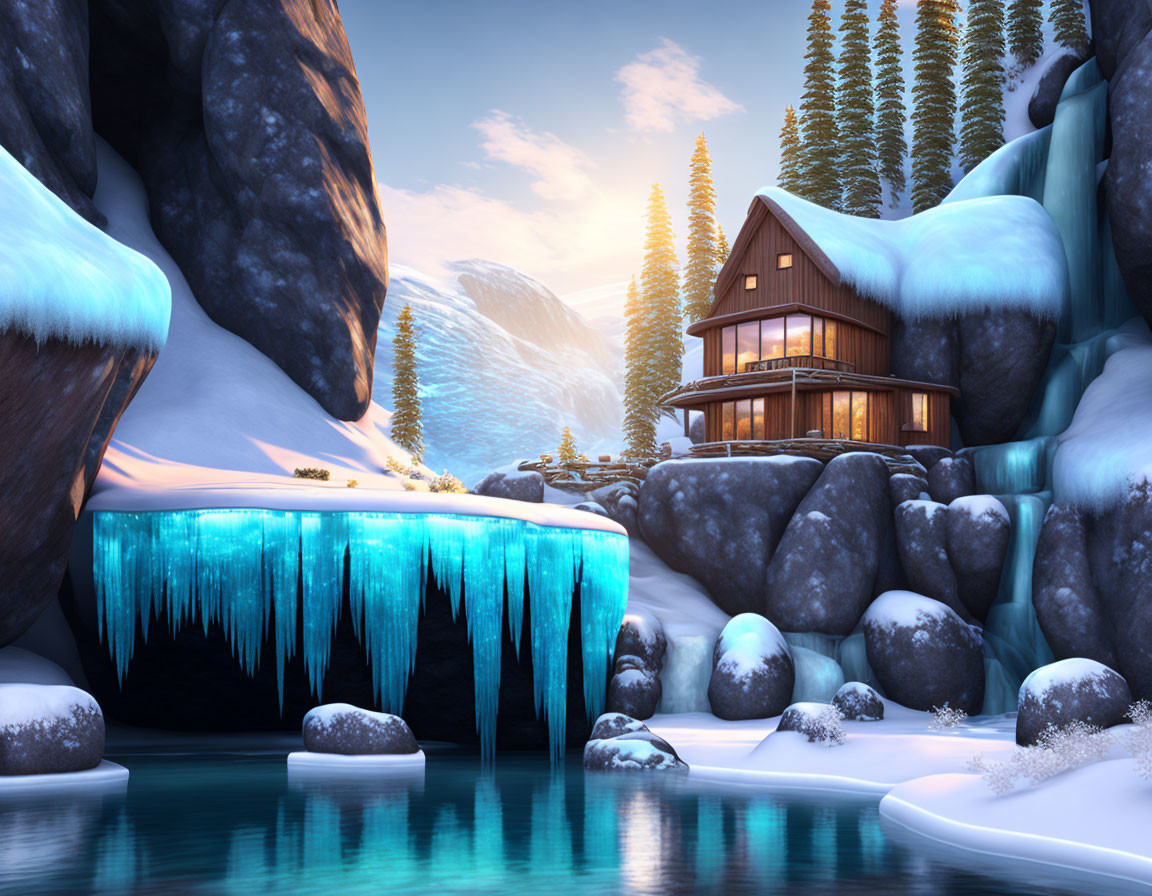 Winter cabin by frozen lake with snow-covered trees at dusk