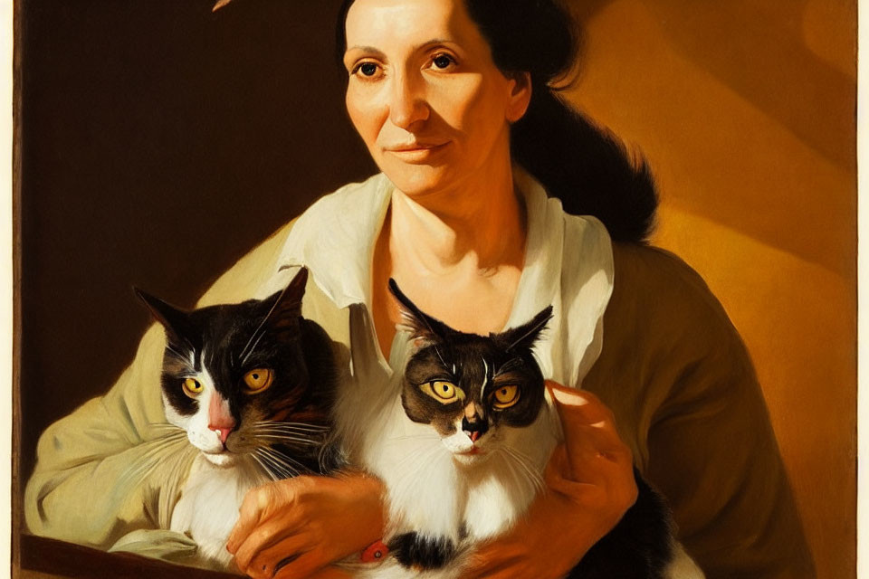 Smiling woman holding two cats with distinctive markings