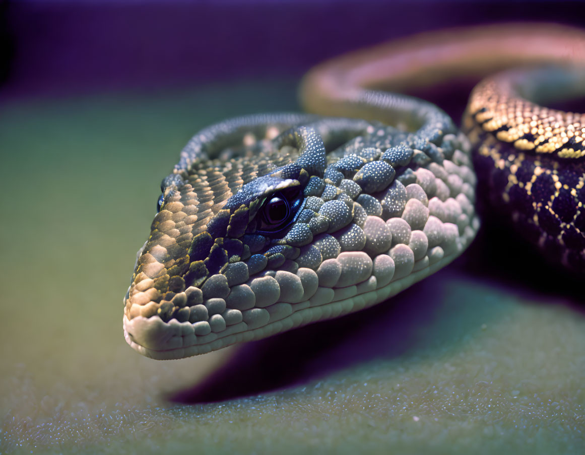 Detailed close-up of colorful snake scales and glossy eye on soft background