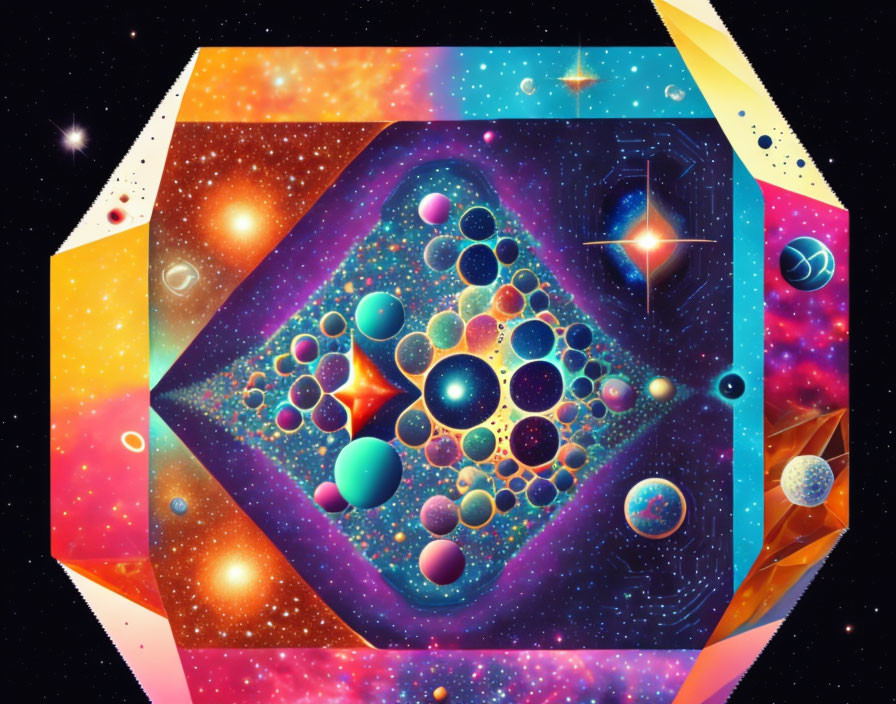 Colorful digital art: Cosmic scene with celestial bodies and geometric shapes