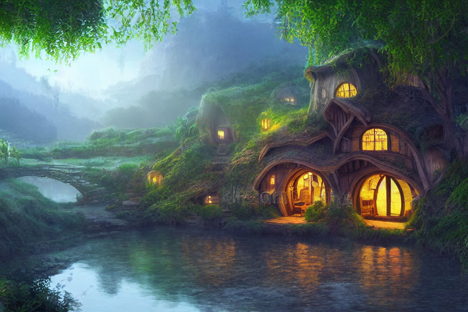 Whimsical enchanted forest scene with glowing windows and stone bridge