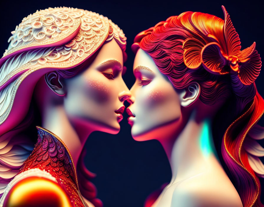 Stylized female figures with elaborate hair in intimate moment