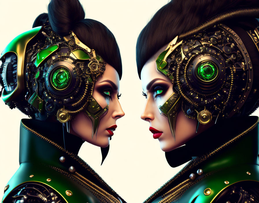 Detailed Female Cyborgs with Green Glowing Eyes Face Off