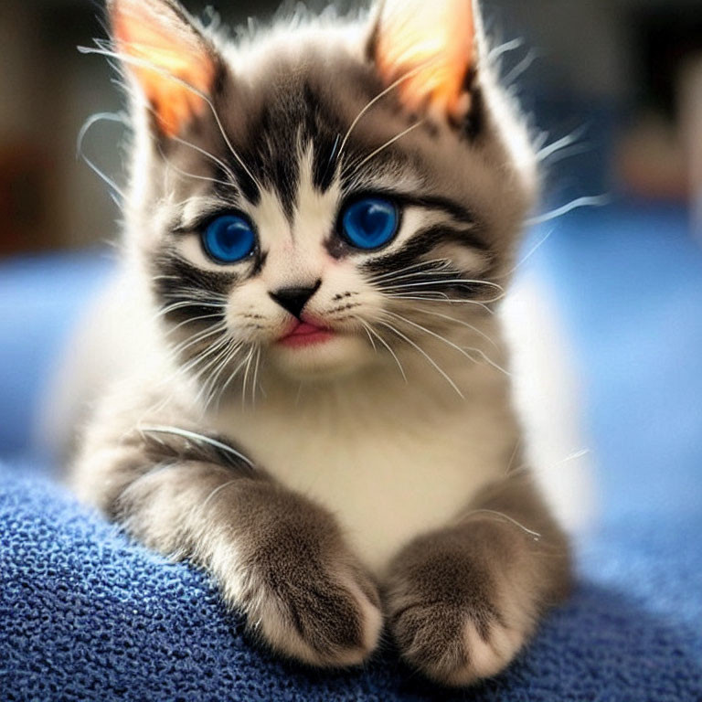 Adorable grey and white kitten with blue eyes on blue fabric