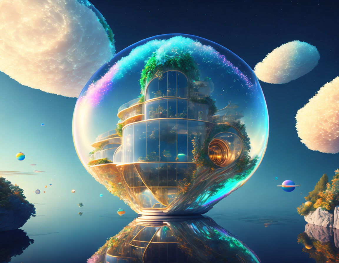 Spiraling green ecosystem in futuristic glass dome amidst celestial orbs