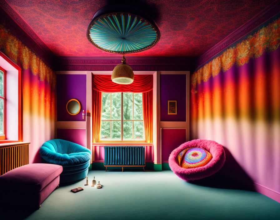 Colorful Room with Large Window, Eclectic Furniture, Striking Ceiling Design, and Whimsical