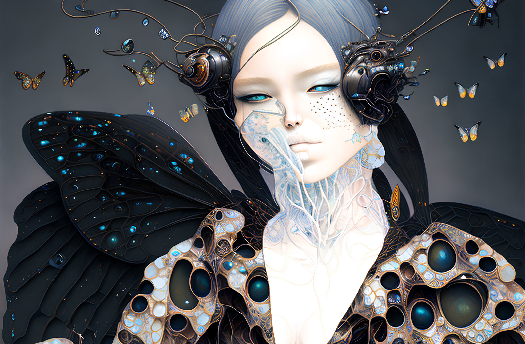 Surreal humanoid figure with butterfly wings and mechanical details