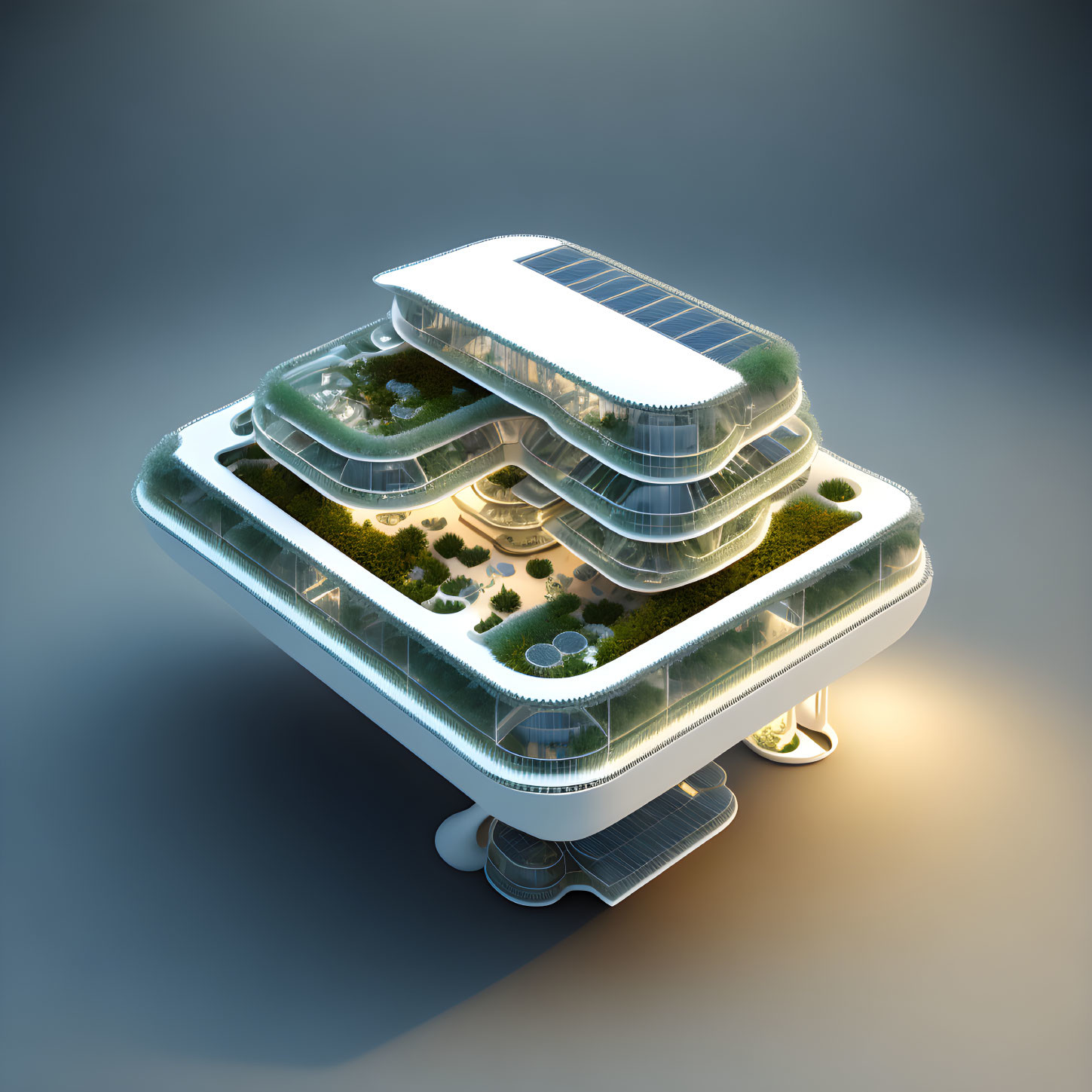 Modern multi-tiered building with organic shapes, green terraces, and solar-paneled roof showcasing eco