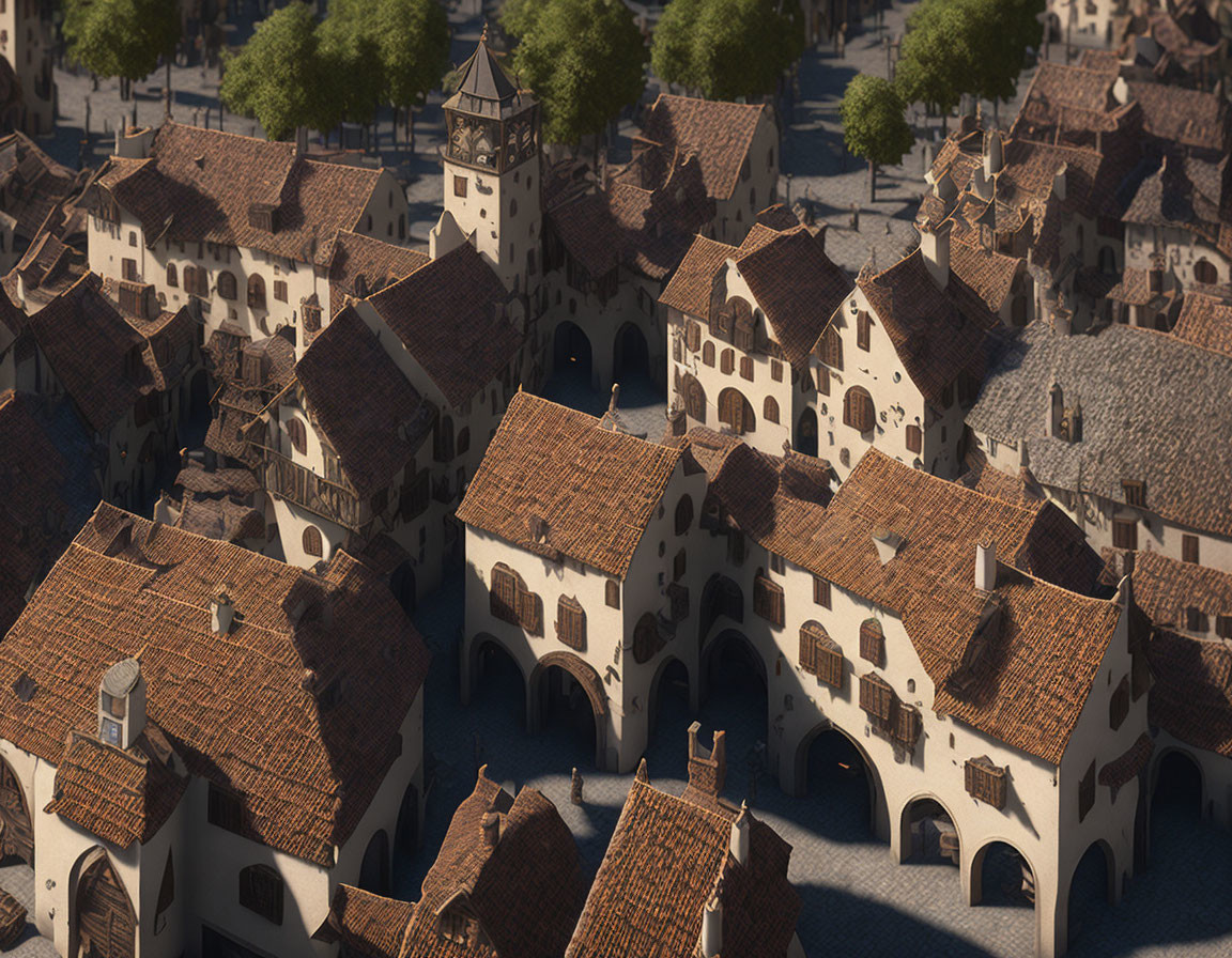 Medieval European town with terracotta-roofed buildings and stone towers.