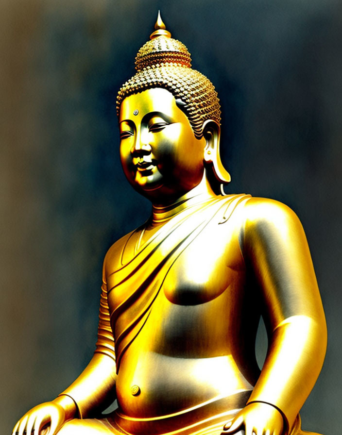 Serene golden Buddha statue in golden robe on gray background