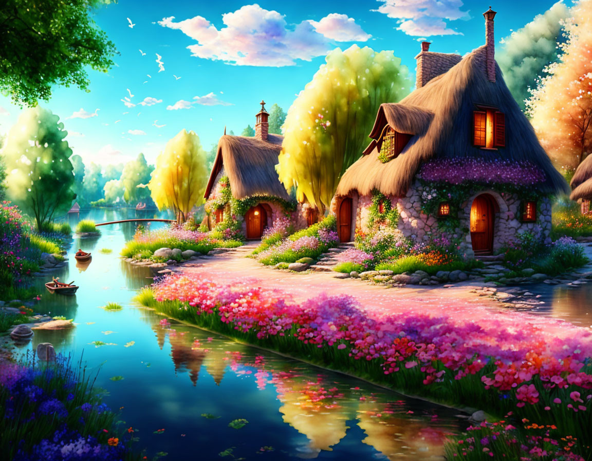 Picturesque village with thatched cottages, river, boat, and vibrant colors in serene landscape